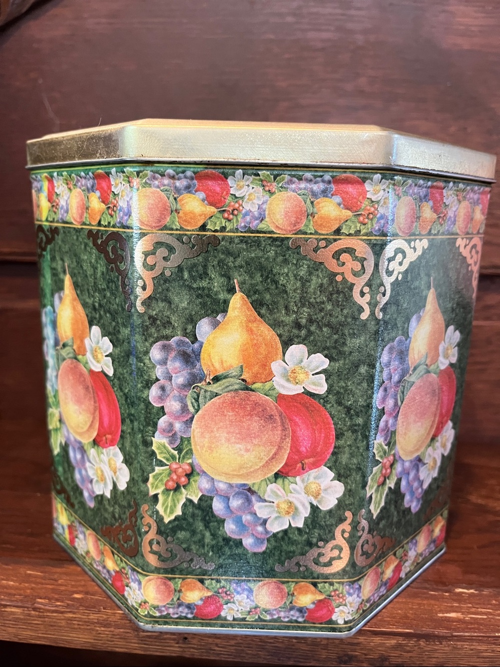 Vintage Hexagon Shaped Cookie Candy Storage Tin W/ Fruit Design